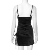Women Summer Sexy Suspender Drawstring Patchwork Lace Bodycon Dress