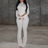 Women Pleated Zipper Solid Long Sleeve Stand Collar Crop Top and Long PantsTwo Piece Set