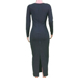 Women Spring Sexy Solid U-shaped Neck Long Sleeve Slit Ribbed Dress