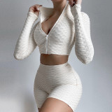 Women Casual Long Sleeve Top and Shorts Sports Running Fitness Two Piece Set