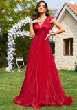 Women v-neck sleeveless red bridesmaid evening dress