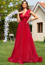 Women v-neck sleeveless red bridesmaid evening dress