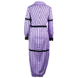 Women Spring Turndown Collar Long Sleeve Striped Dress