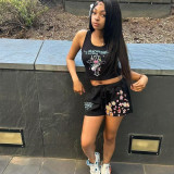 Women Trendy Street Sports Print Top and ShortsTwo Piece Set