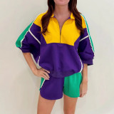 Women Color Block Patchwork Top and Shorts Two Piece Set
