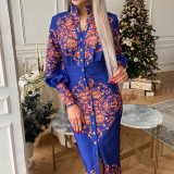 Women Stand Collar Long Sleeve Print Dress