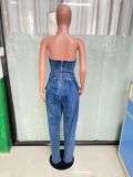 Women Strapless Stretch Denim Jumpsuit