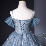 Women spring Off Shoulder annual meeting colored yarn evening dress（Processing time need 3-6 days）