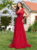 Women v-neck sleeveless red bridesmaid evening dress