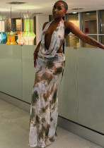 Women Casual Printed Pleated Backless Sleeveless Lace-up V Neck Top and Long SkirtTwo Piece Set