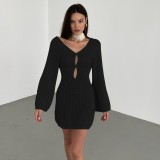 Women beach dress Solid sexy Backless Knitting hollow dress