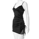 Women Summer Sexy Suspender Drawstring Patchwork Lace Bodycon Dress