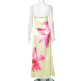 Women Strapless Hollow Backless Flower Print Dress
