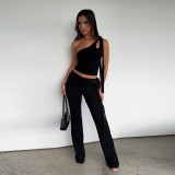 Women Spring Slash Shoulder Lace-Up Crop Top and Two Piece Set