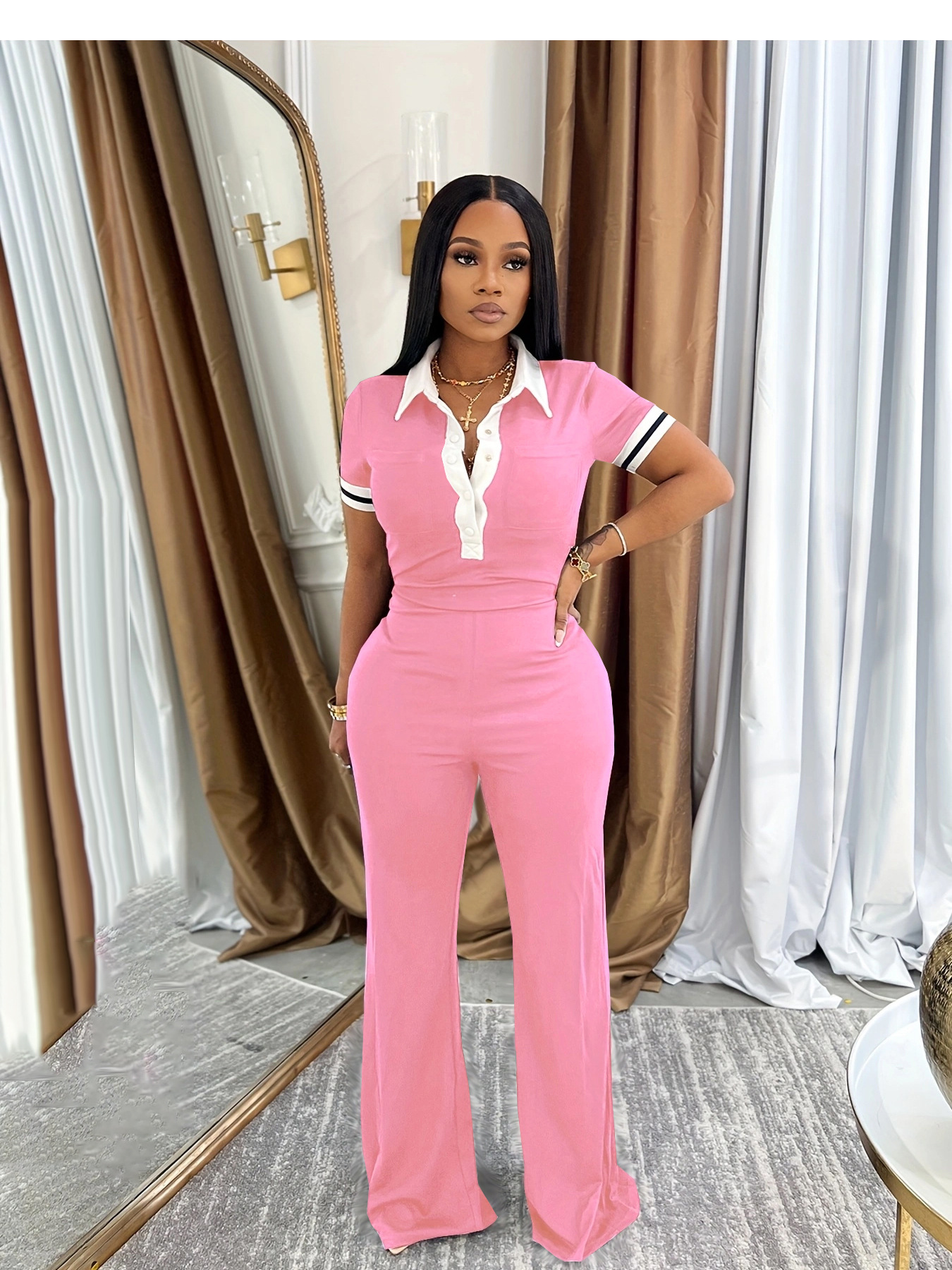 Women Spring and Summer Casual Polo Neck Top and Wide Leg Pants Contrast Color Casual Two Piece Set