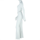 Women Pleated Zipper Solid Long Sleeve Stand Collar Crop Top and Long PantsTwo Piece Set