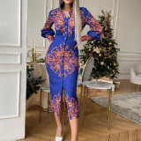 Women Stand Collar Long Sleeve Print Dress
