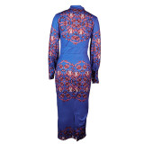 Women Stand Collar Long Sleeve Print Dress