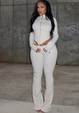 Women Pleated Zipper Solid Long Sleeve Stand Collar Crop Top and Long PantsTwo Piece Set