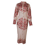 Women Stand Collar Long Sleeve Print Dress