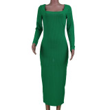 Women Spring Sexy Solid U-shaped Neck Long Sleeve Slit Ribbed Dress