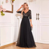 Women v-neck short-sleeved sequined elegant prom party evening dress