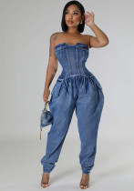Women Strapless Stretch Denim Jumpsuit