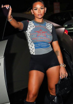 Women Spring Street Print Top and Shorts Two Piece Set Women Spring Street Print Top and Shorts Two Piece Set