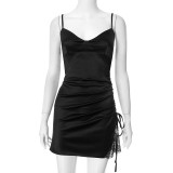 Women Summer Sexy Suspender Drawstring Patchwork Lace Bodycon Dress