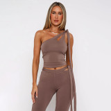 Women Spring Slash Shoulder Lace-Up Crop Top and Two Piece Set