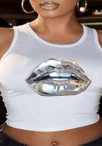 Women American sexy Round Neck Halter Neck sleeveless Letter print Crop Top