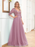 Women v-neck short-sleeved sequined elegant prom party evening dress