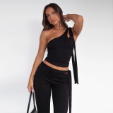 Women Spring Slash Shoulder Lace-Up Crop Top and Two Piece Set