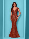 Women sequined formal party sexy fishtail evening dress