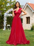 Women v-neck sleeveless red bridesmaid evening dress