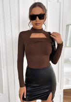 Women sexy hollow Basic shirt Solid long-sleeved T-shirt