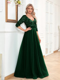 Women v-neck short-sleeved sequined elegant prom party evening dress