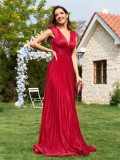 Women v-neck sleeveless red bridesmaid evening dress