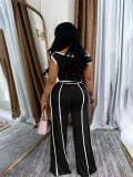 Women Summer Casual Off Shoulder Top and Long Pants Two Piece Set