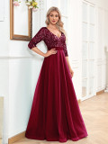 Women v-neck short-sleeved sequined elegant prom party evening dress
