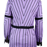 Women Spring Turndown Collar Long Sleeve Striped Dress