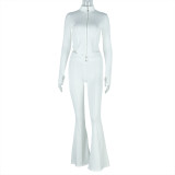 Women Pleated Zipper Solid Long Sleeve Stand Collar Crop Top and Long PantsTwo Piece Set