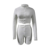 Women Casual Long Sleeve Top and Shorts Sports Running Fitness Two Piece Set