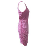 Women Summer and Autumn Sleeveless Hollow Backless Pleated Dress
