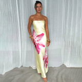 Women Strapless Hollow Backless Flower Print Dress