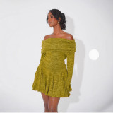 Women Spring Off Shoulder Long Sleeve Sexy Turndown Collar Dress