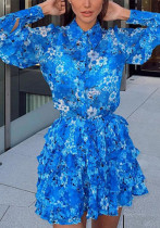 Women Printed Long Sleeve Shirt and SkirtTwo Piece Set