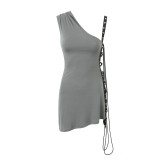 Women Spring Summer sexy irregular Slash Shoulder pleated Bodycon suspender skirt