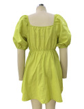 Spring Women's Fashion Square Neck Puff Sleeve Linen Dress