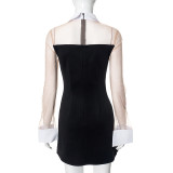 Women's Spring Summer Turndown Collar Mesh Patchwork Zipper A-Line Dress